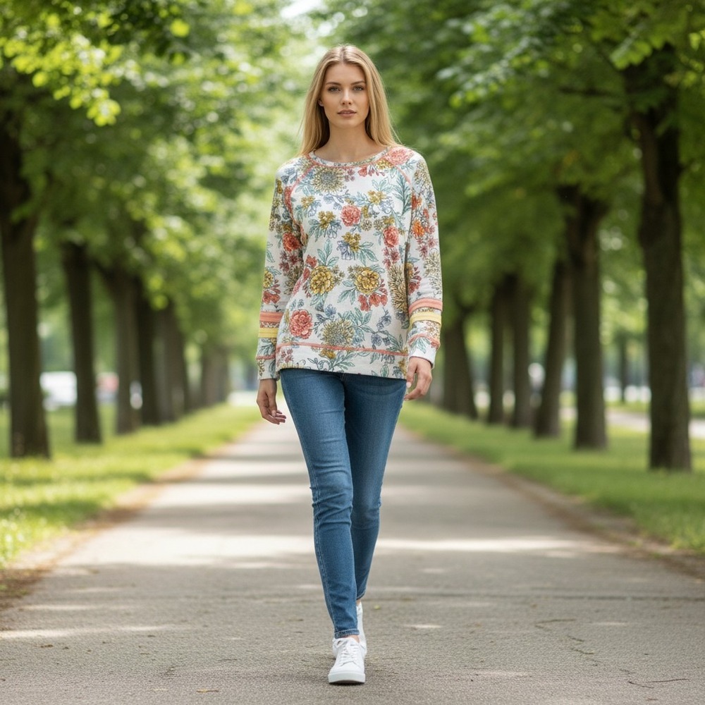 No Comment Floral Pullover Top Large Multicolor Raglan Striped Cuff RX37464 - Picture 2 of 7